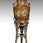 A Large Japanese Mixed Metal Vase On Stand Depicting Boys Catching Crickets