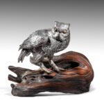 Japanese Silvered Bronze Snowy Owl On Wood Stand By Yasumasa