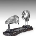 Japanese Silvered Bronze Egrets Okimono by Sano Takachika