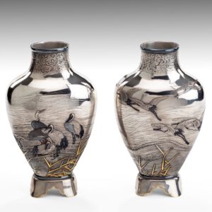 Exceptional Pair Of Japanese Silver Vases -Yoshida Shinzo (Shiei)
