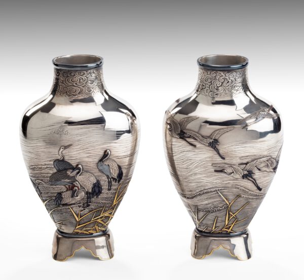 Exceptional Pair Of Japanese Silver Vases -Yoshida Shinzo (Shiei)
