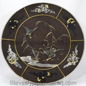 A LARGE JAPANESE MIXED METAL "LAKESIDE WINTER SCENE" BRONZE CHARGER