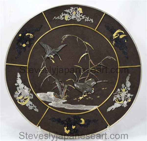 A LARGE JAPANESE MIXED METAL "LAKESIDE WINTER SCENE" BRONZE CHARGER