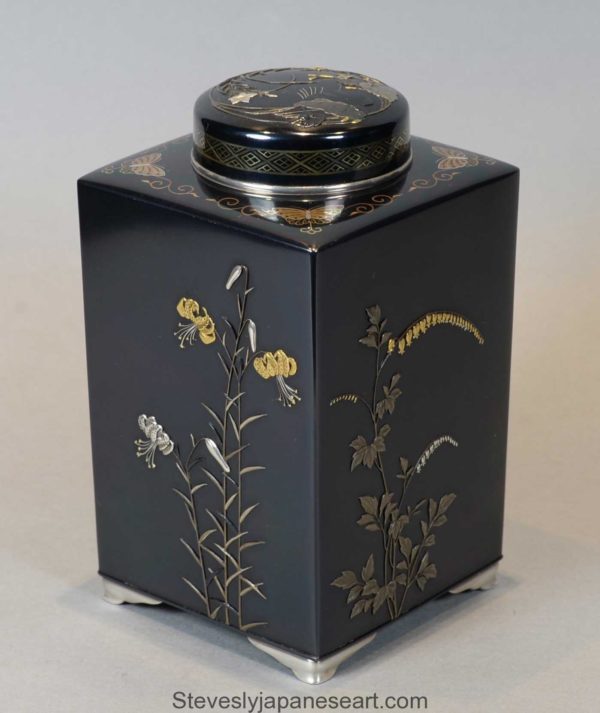 A RARE AND HIGH QUALITY JAPANESE SHAKUDO & MIXED METAL TEA CANISTER (CADDY) BY NOGAWA
