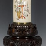 LARGE JAPANESE IVORY & SHIBAYAMA LIDDED TUSK VASE ON STAND - PARROT
