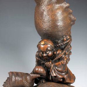 Large Japanese Wooden  Okimono Priest Carrying Huge Conch Shell
