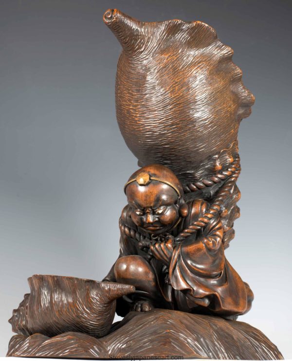 Large Japanese Wooden  Okimono Priest Carrying Huge Conch Shell