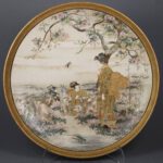 RARE JAPANESE SATSUMA PLATE MOTHER & CHILD FEEDING GOATS -SIGNED DOZAN