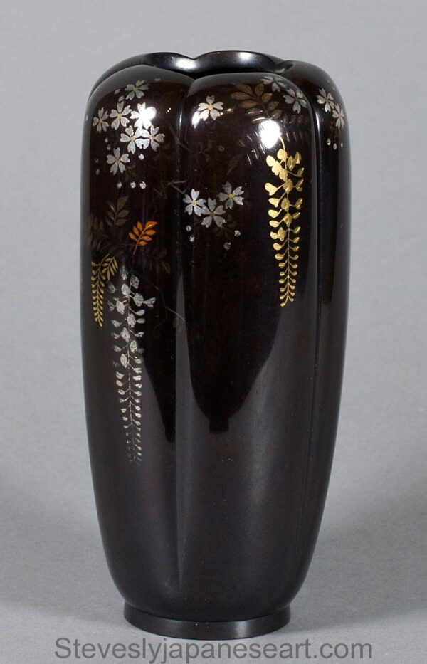 Fine quality Japanese Shakudo inlaid vase by Nogawa company