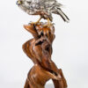 Japanese Silvered Bronze Hawk On Naturalistic Wood Stand-Yoshitani