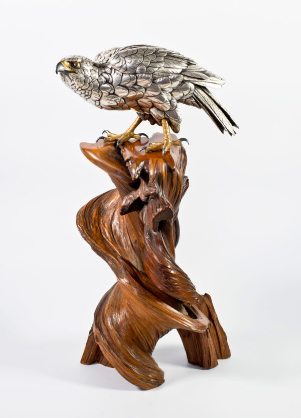 Japanese Silvered Bronze Hawk On Naturalistic Wood Stand-Yoshitani