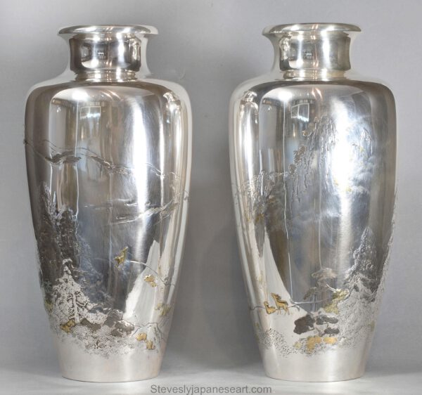 Large Pair Of Japanese Silver & Mixed Metal vases