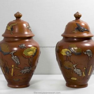 GREAT PAIR OF JAPANESE MIXED METAL LIDDED VASES BY NOGAWA