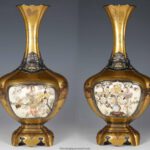 OUTSTANDING PAIR OF JAPANESE GOLD LACQUER & SHIBAYAMA VASES