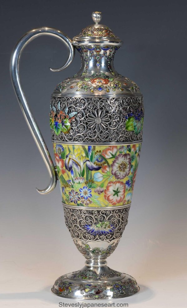 EXCEPTIONALLY RARE JAPANESE SILVER AND CLOISONNE ENAMEL CLARET JUG