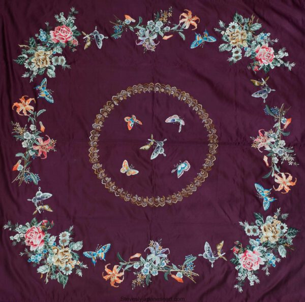 BEAUTIFUL JAPANESE SILK EMBROIDERED SHAWL MEIJI PERIOD - BUTTERFLIES AND FLOWERS