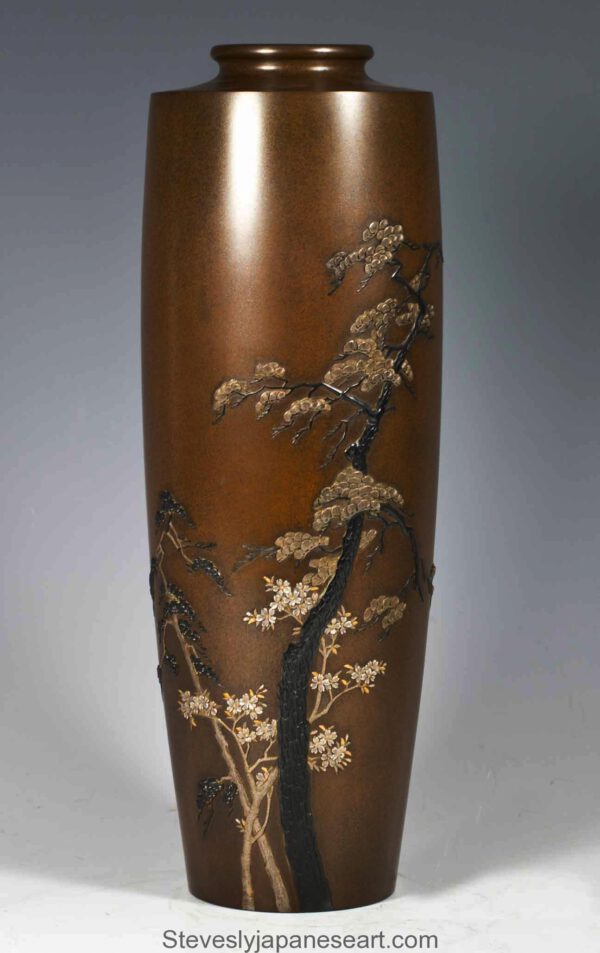 FINELY EXECUTED JAPANESE BRONZE AND MIXED METAL VASE BY YAMAMOTO KOKEN