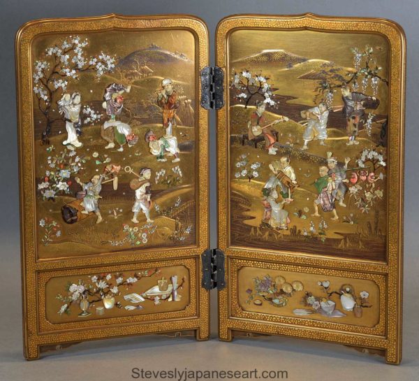 EXHIBITION QUALITY JAPANESE GOLD LACQUER & SHIBAYAMA TWO FOLD SCREEN