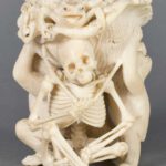 UNUSUAL JAPANESE IVORY OKIMONO- SKELETON MONKEYS CARRYING TOADS