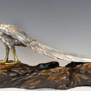 JAPANESE SILVERED BRONZE PHEASANT ON NATURALISTIC WOODEN BASE BY "MASATSUNE"