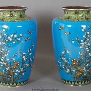FINE QUALITY PAIR OF JAPANESE GOLD WIRE SILVER MOUNTED CLOISONNE ENAMEL VASES