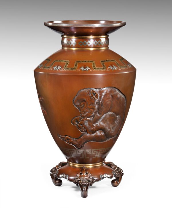 Large Japanese Bronze Monkey Vase - Hokugaku I