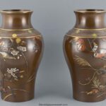 LARGE PAIR OF JAPANESE BRONZE AND MIXED METAL VASES