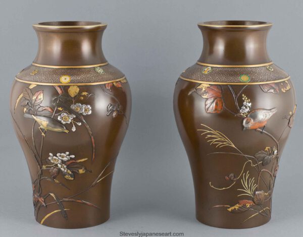LARGE PAIR OF JAPANESE BRONZE AND MIXED METAL VASES