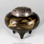 JAPANESE SHIBUICHI GOLD INLAID KORO WITH PIERCED SILVER LID