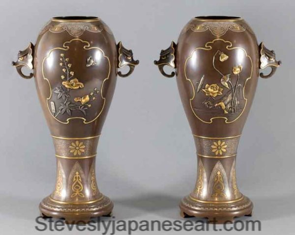 HIGH QUALITY PAIR OF JAPANESE MIXED METAL VASES BY MASAYUKI