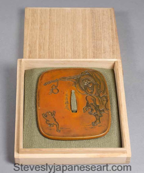 A  JAPANESE COPPER TSUBA WITH NBTHK CERTIFICATE- SHOJO AND TOAD