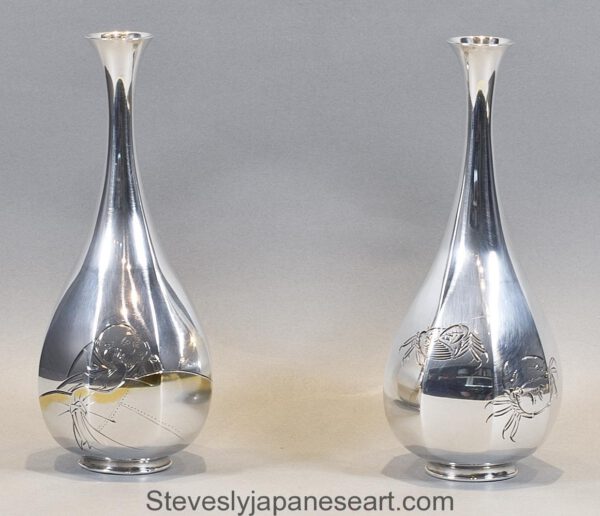 LOVELY PAIR OF JAPANESE SILVER VASES BY MASAYOSHI FOR THE HATTORI COMPANY