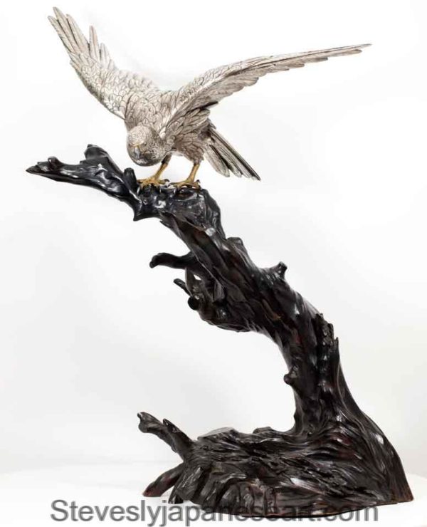 Large Japanese Silvered Bronze Hawk On Wood Stand - "Hidenao"