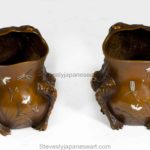 HUMEROUS PAIR OF JAPANESE MIXED METAL BRUSH POT TOADS BY NOGAWA
