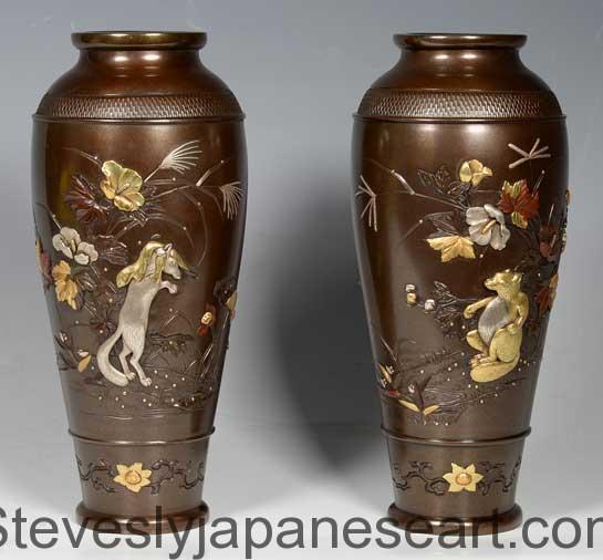 FASCINATING HIGH QUALITY PAIR OF JAPANESE ONLAID BRONZE FOX AND TANUKI VASES - SIGNED