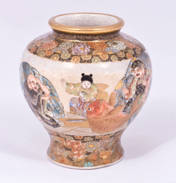 Japanese Satsuma vase depicting 7 Lucky Gods Signed Hozan