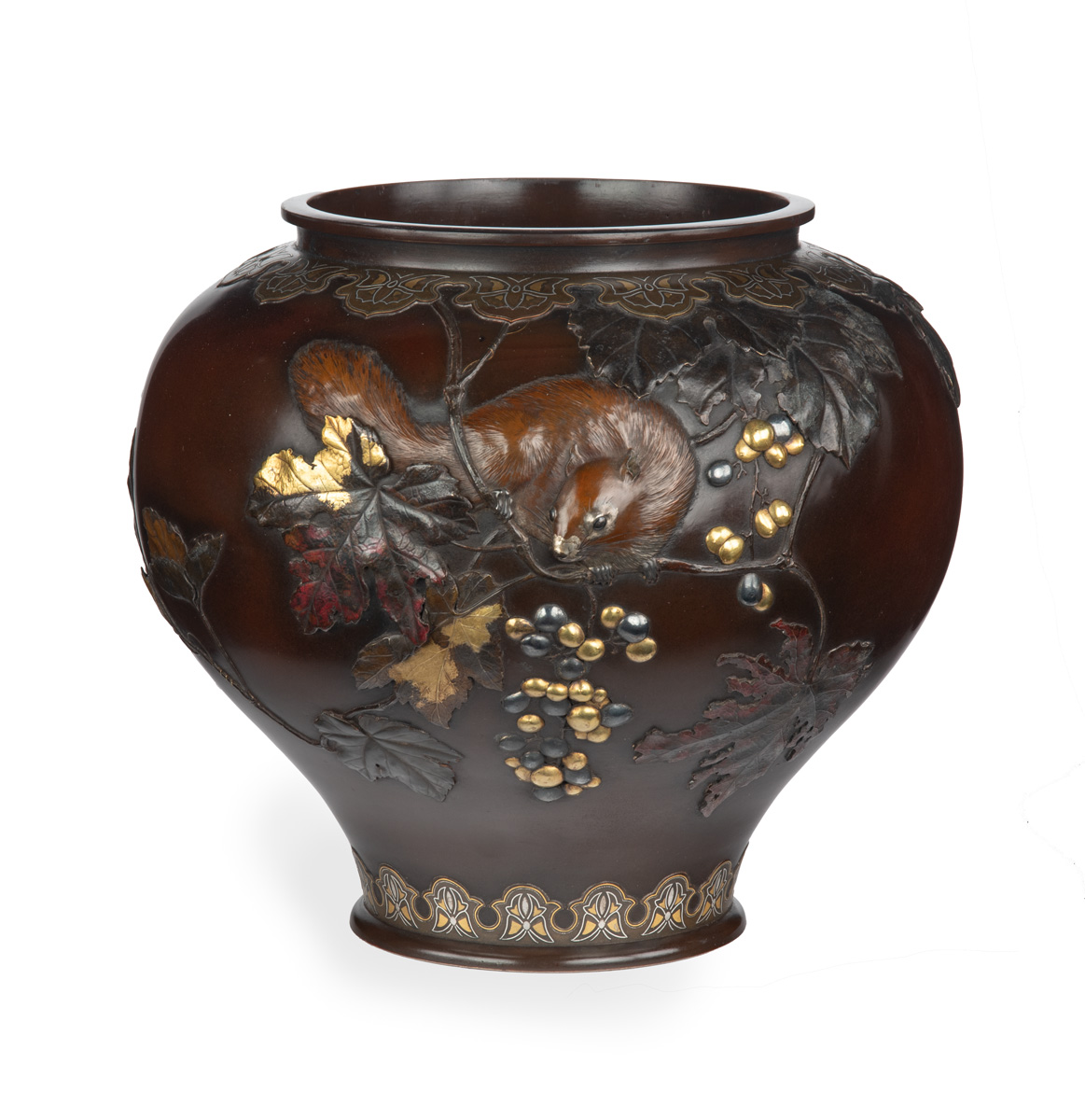 隆昌造　純錫　木瓜式　七宝透　茶托　五客　合計約292g　共箱　V　R7381 Beautiful Japanese Mixed Metal Jardiniere - Suzuki Chokichi