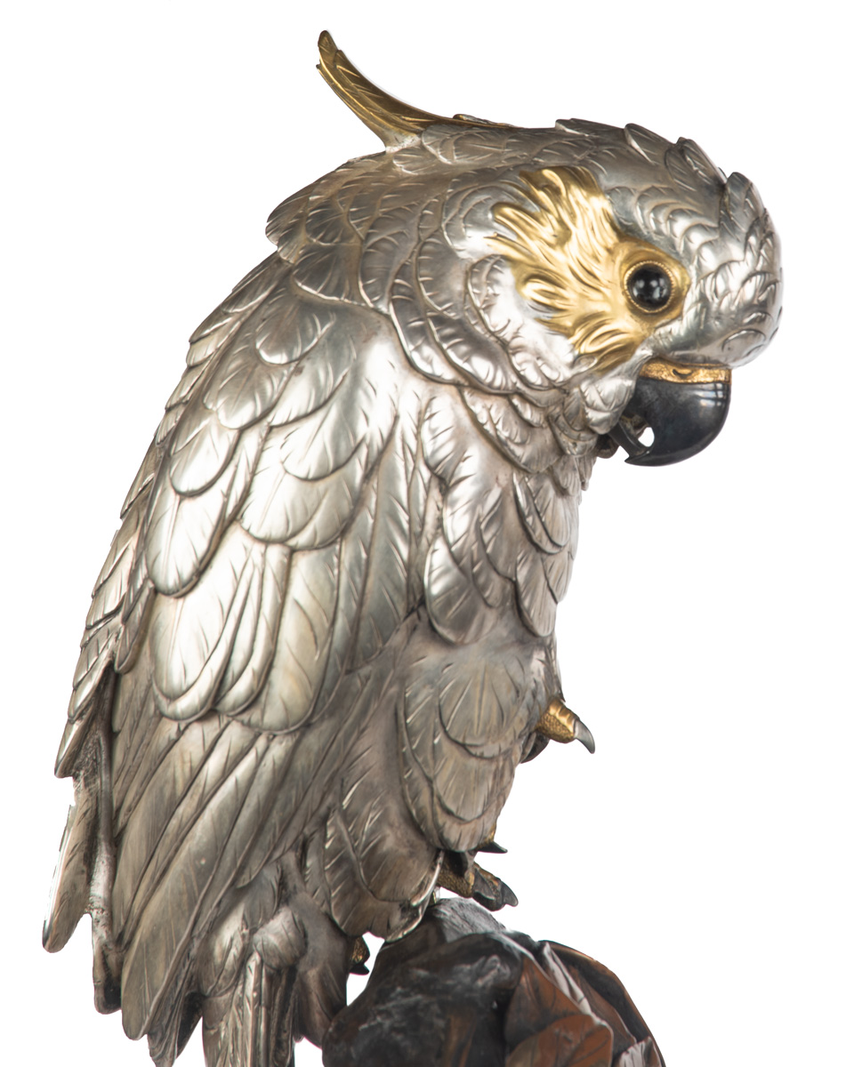 Enchanting Japanese Silvered Bronze Cockatoo Signed Mitani Enchanting Japanese Silvered Bronze Cockatoo Signed Mitani