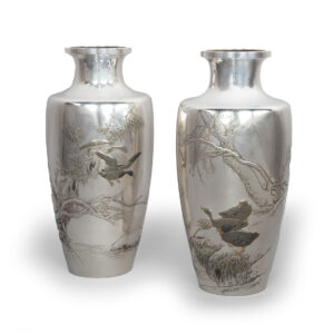 Exquisite Pair of Japanese Silver and Mixed Metal Vases