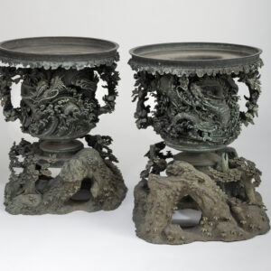 Huge Pair of Japanese Bronze Usubata Garden Urns