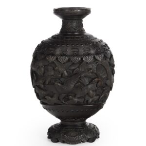 Large Finely Carved Japanese Wooden Vase - Takaaki