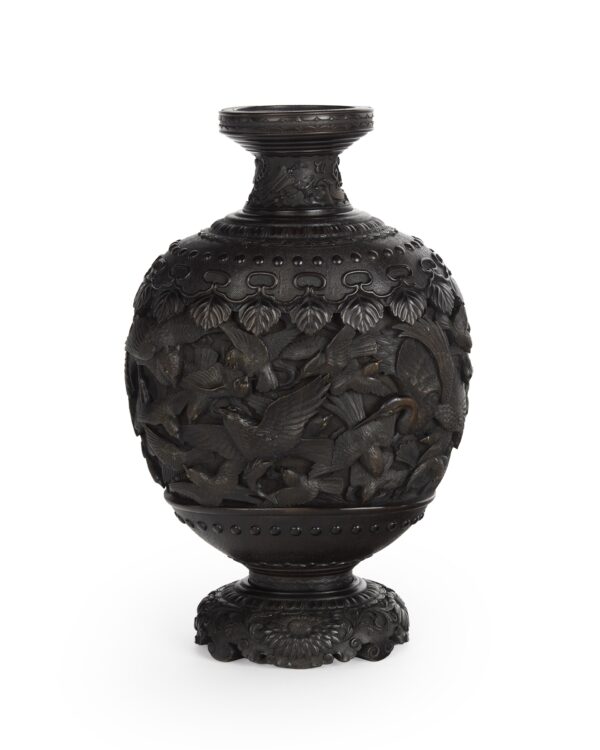 Large Finely Carved Japanese Wooden Vase - Takaaki